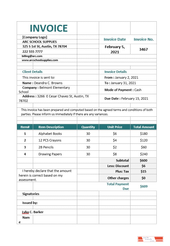 School Supply Order Invoice Template PSD template